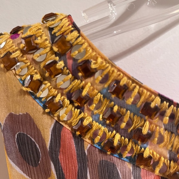Tory Burch Lined Silk Blouse Tank with beading sequins neckline, Ikat Print sz10 - Picture 5 of 8